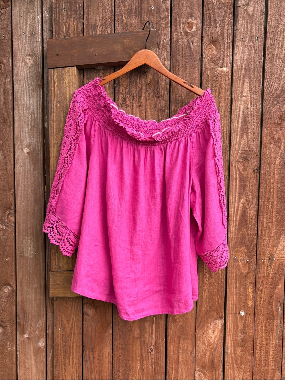 Chico’s Hot Pink Crochet Lace Sleeve Linen Blend Blouse